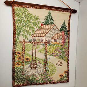 Vintage Farm Scene Wishingwell Crewel work embroidered wall hanging 18" x 13"